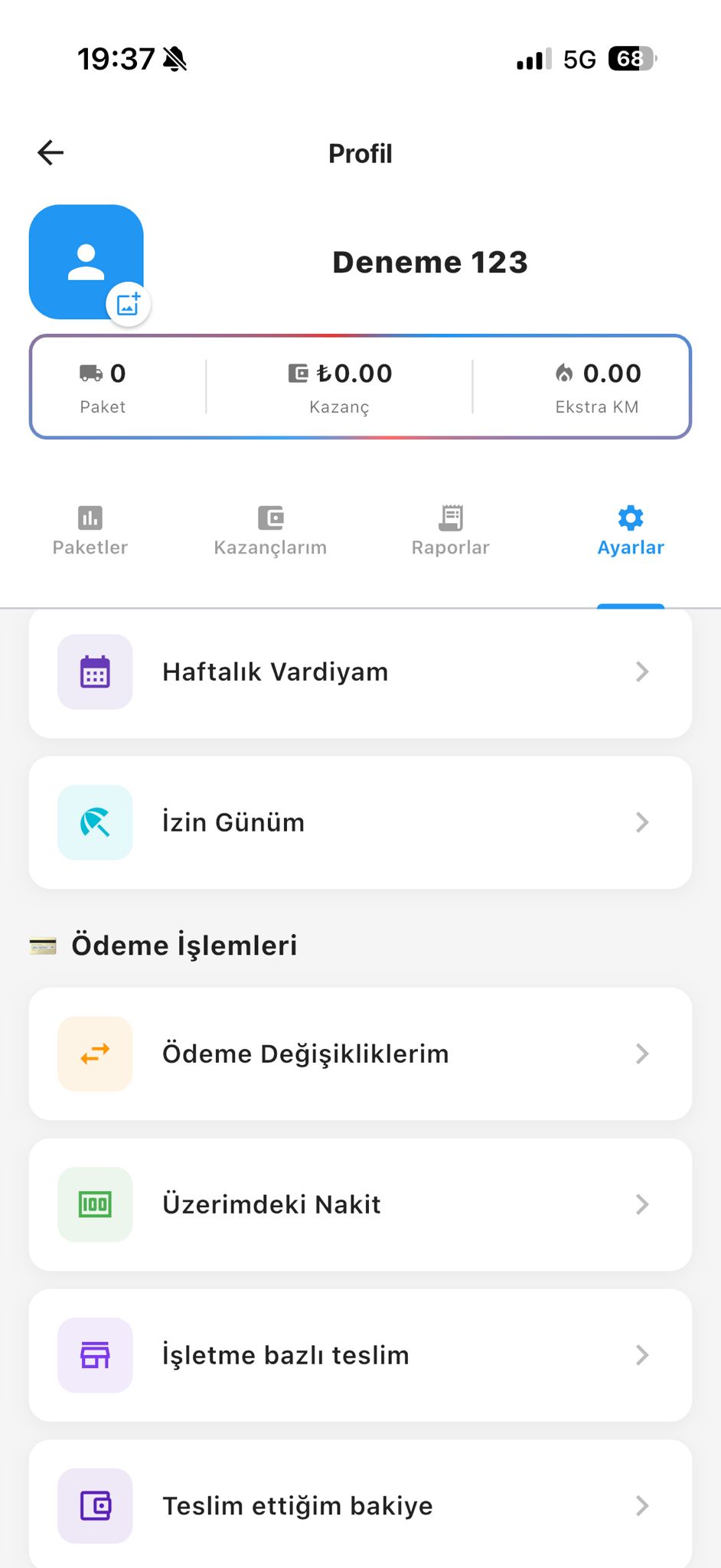 Paketiva kurye uygulaması — profil, kazanç ve ödeme işlemleri