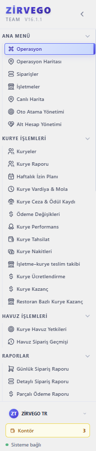 Paketiva yönetici paneli — ana menü ve kurye işlemleri